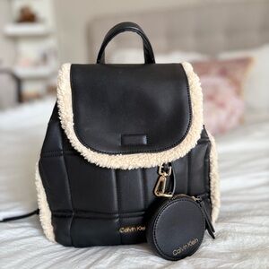 Calvin Klein Black Leather Backpack with Faux Fur Trim